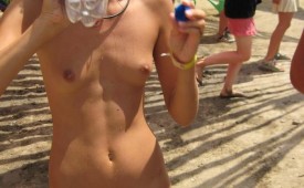 Topless happy girl and her pink panties